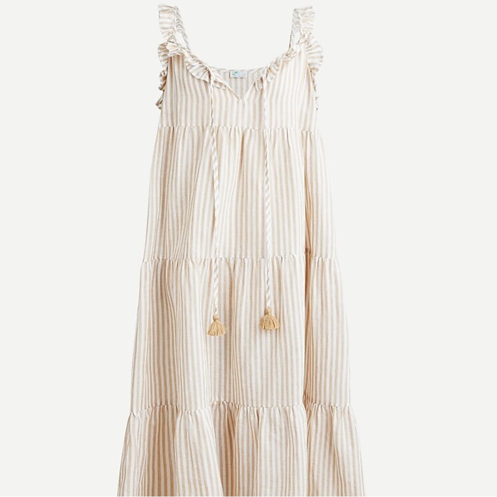 J. Crew Cotton Linen Tiered Maxi Dress in Golden Mushroom Tan & White Sz L NWT